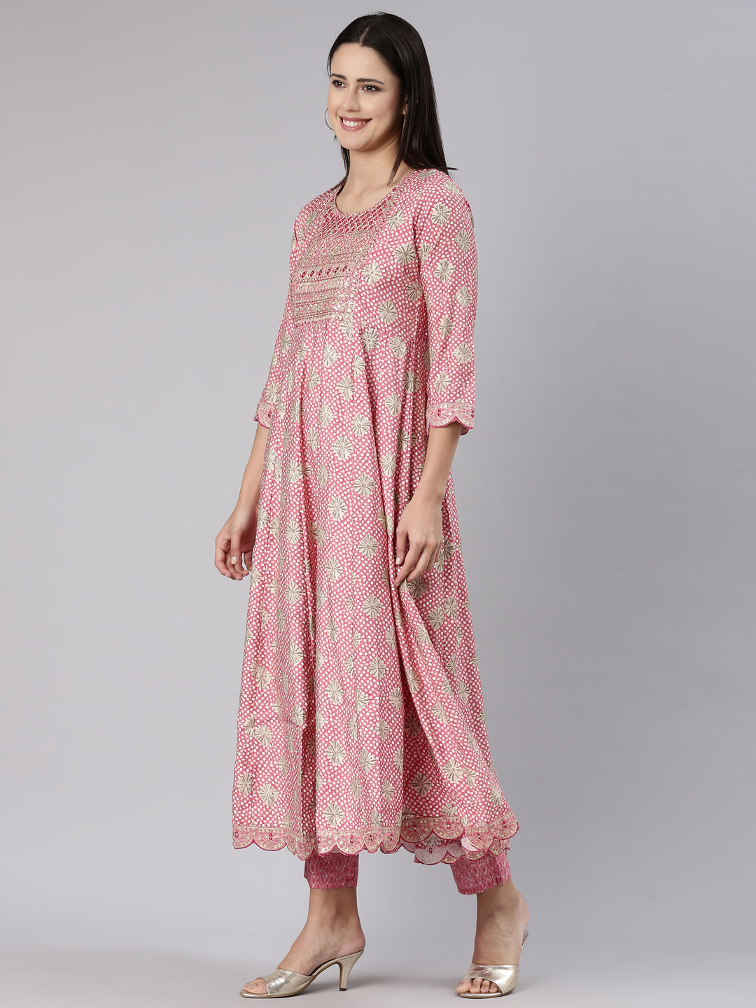 Neerus Pink Regular Straight Yoke Design Kurta And Trousers With Dupatta