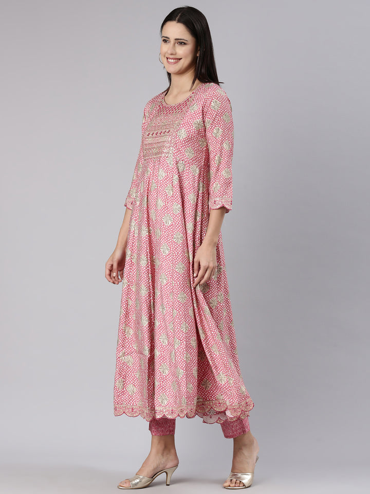 Neerus Pink Regular Straight Yoke Design Kurta And Trousers With Dupatta