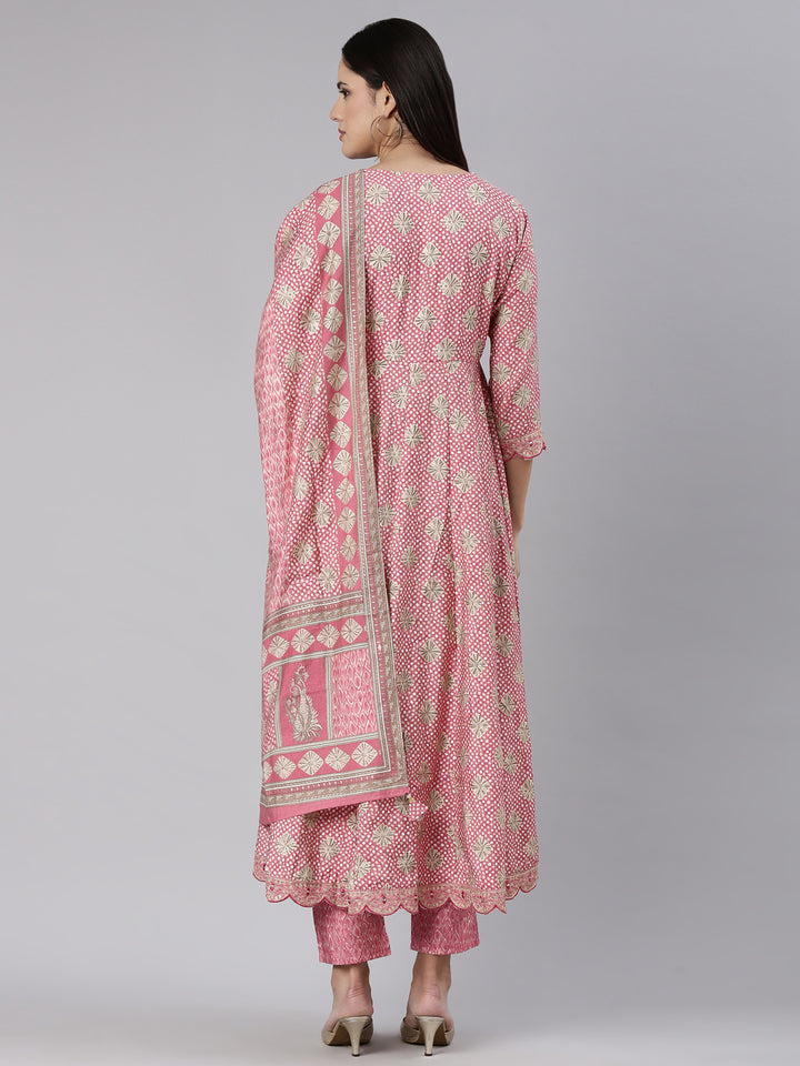 Neerus Pink Regular Straight Yoke Design Kurta And Trousers With Dupatta