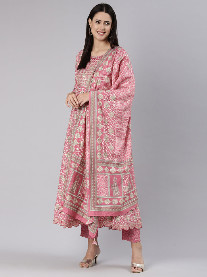 Neerus Pink Regular Straight Yoke Design Kurta And Trousers With Dupatta