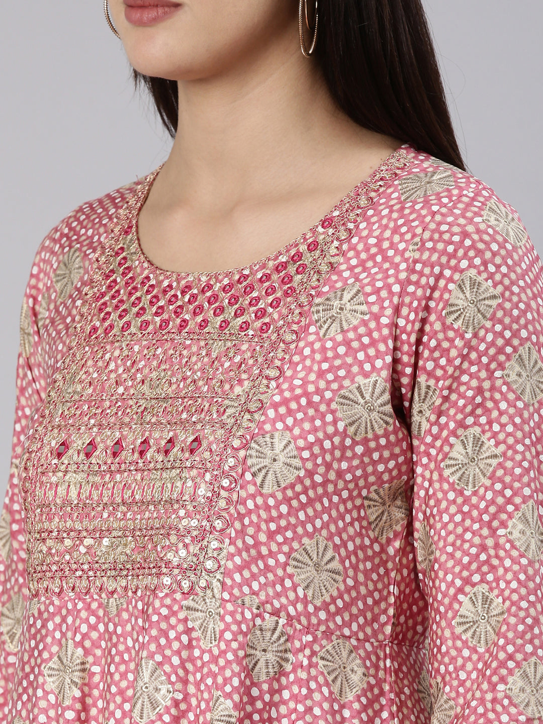 Neerus Pink Regular Straight Yoke Design Kurta And Trousers With Dupatta