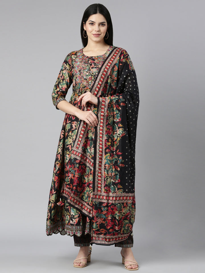 Neerus Black floral printed straight kurta set - front view