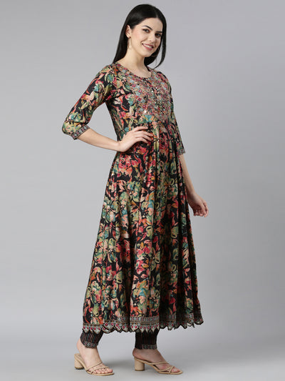 Neerus Black Regular Straight Floral Kurta And Trousers With Dupatta