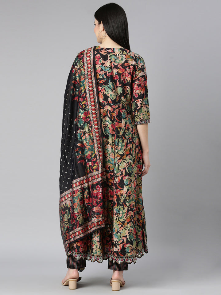 Neerus Black floral printed straight kurta set - side view