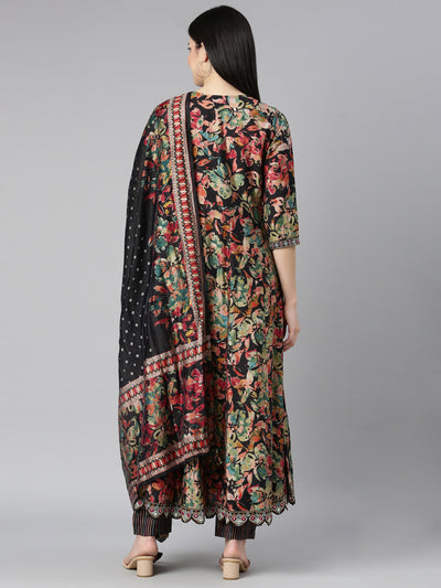 Neerus Black Regular Straight Floral Kurta And Trousers With Dupatta