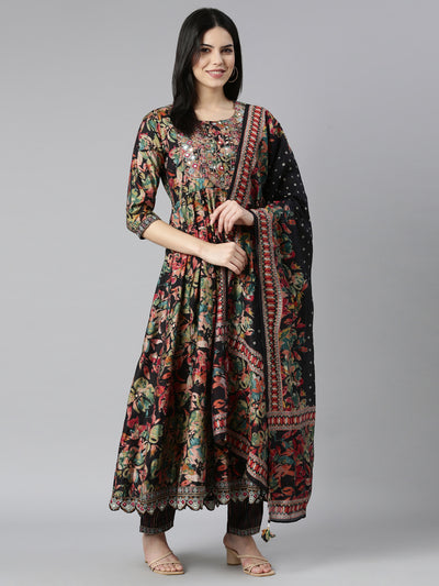 Neerus Black Regular Straight Floral Kurta And Trousers With Dupatta