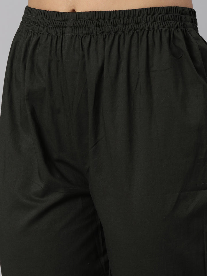 Neerus Olive Regular Straight Floral Kurta And Trousers With Dupatta