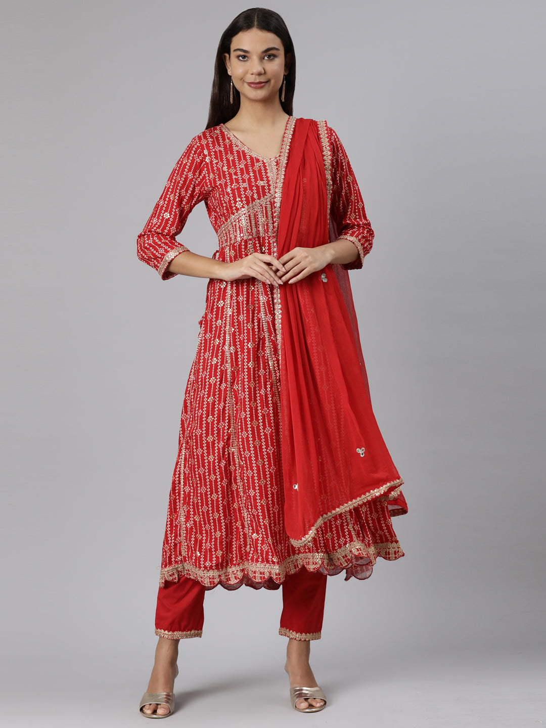 Neerus Red rayon printed suit set - front view