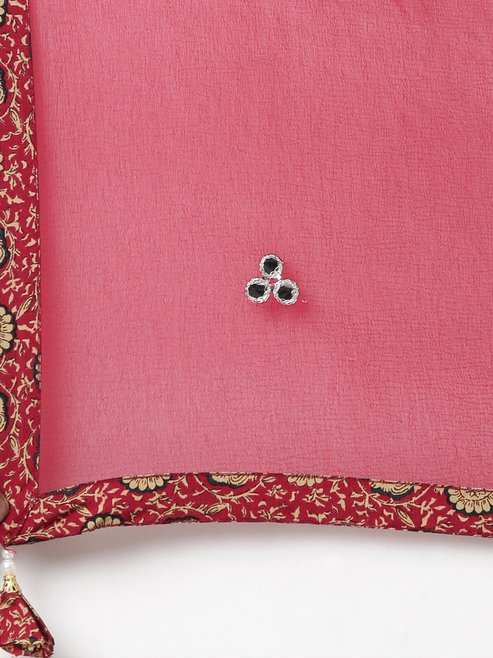 Neerus Maroon floral printed kurta set with trouser and dupatta - detail view 4