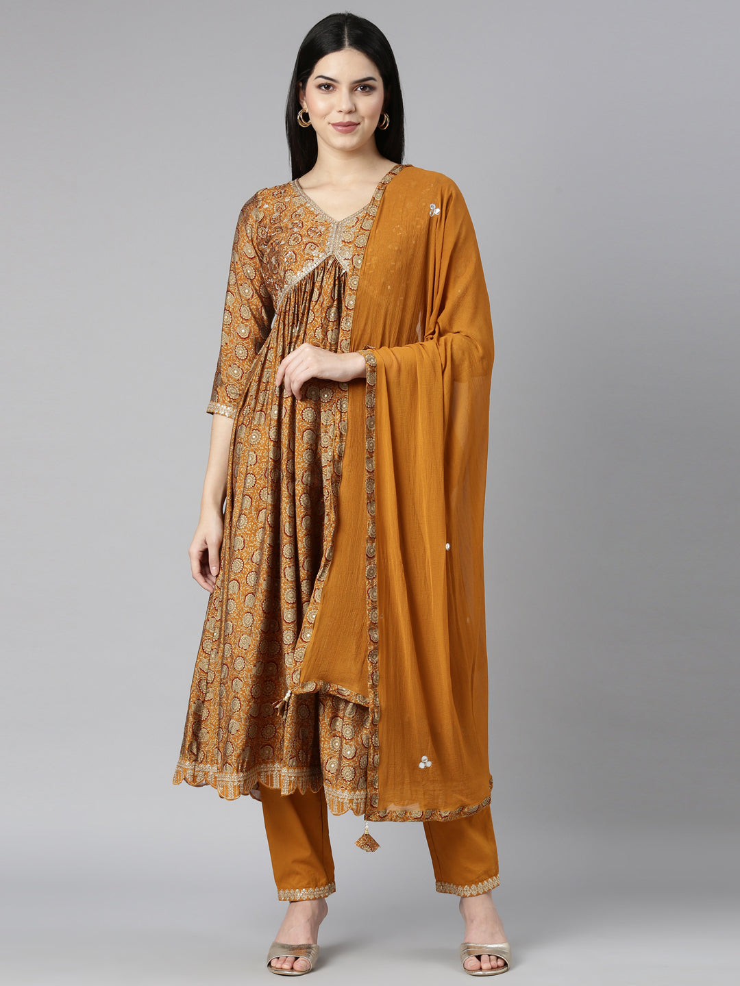 Neerus Yellow floral printed straight kurta set - front view