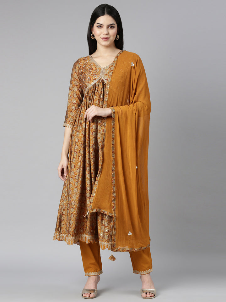 Neerus Yellow floral printed straight kurta set - front view
