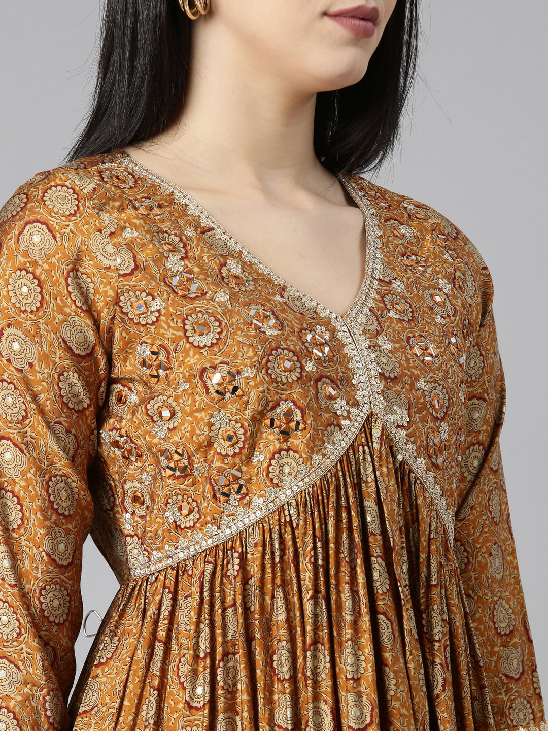 Neerus Yellow floral printed straight kurta set - detail view 1