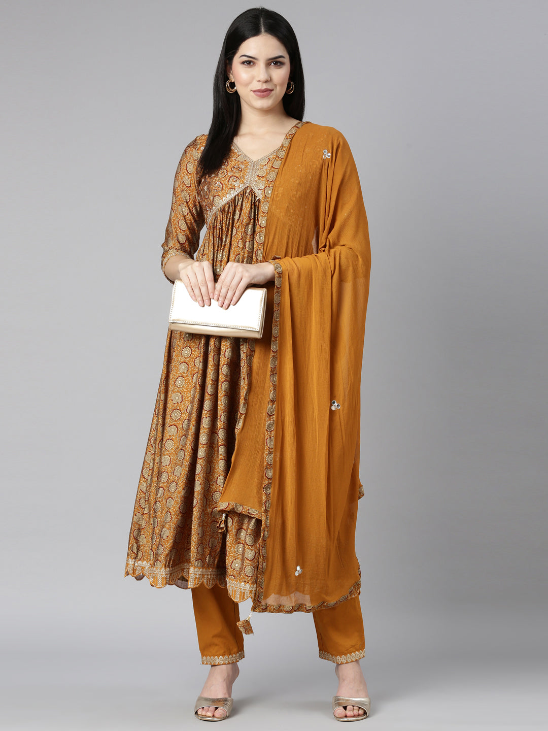 Neerus Yellow floral printed straight kurta set - detail view 2