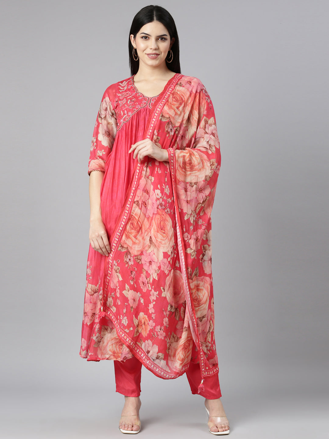 Neerus Red printed floral kurta set with trouser and dupatta - front view