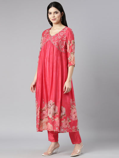 Neerus Red Regular Straight Floral Kurta And Trousers With Dupatta