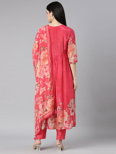 Neerus Red Regular Straight Floral Kurta And Trousers With Dupatta