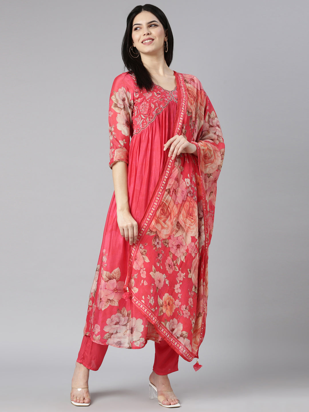 Neerus Red Regular Straight Floral Kurta And Trousers With Dupatta