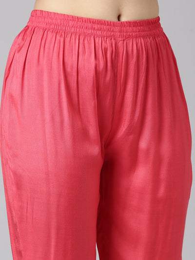 Neerus Red Regular Straight Floral Kurta And Trousers With Dupatta