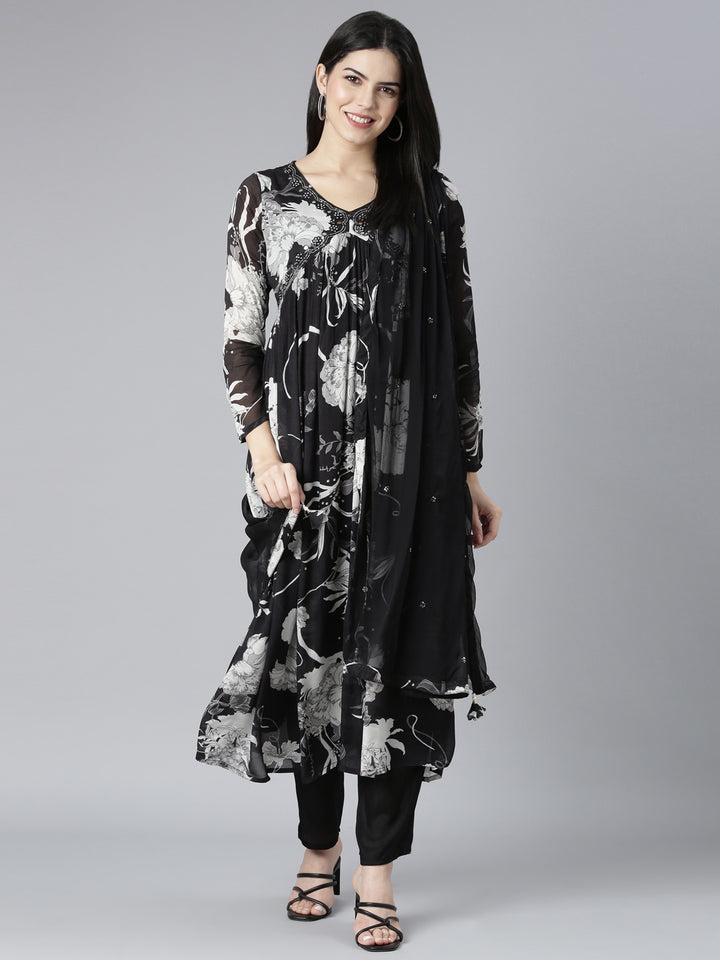 Neerus Black floral printed kurta set with trouser and dupatta - front view
