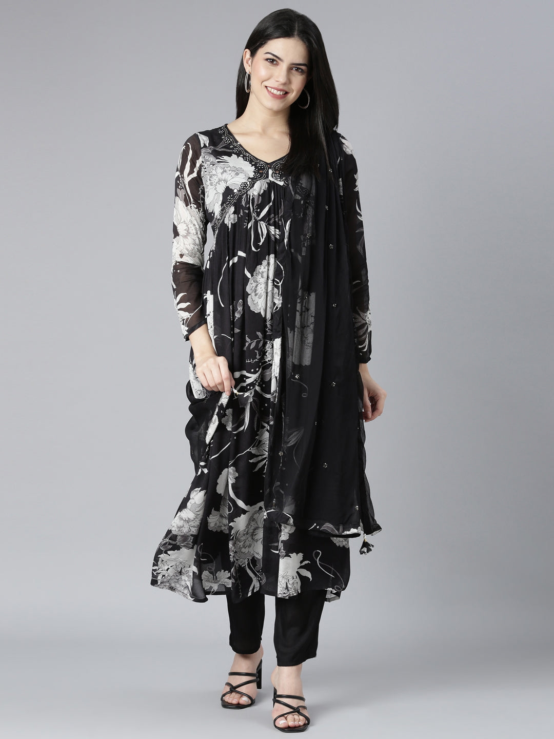 Neerus Black Regular Straight Floral Kurta And Trousers With Dupatta