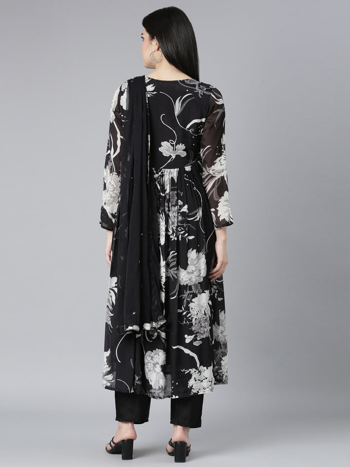 Neerus Black floral printed kurta set with trouser and dupatta - side view