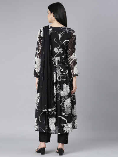 Neerus Black Regular Straight Floral Kurta And Trousers With Dupatta