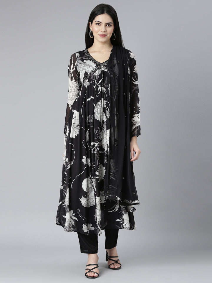 Neerus Black floral printed kurta set with trouser and dupatta - detail view 2