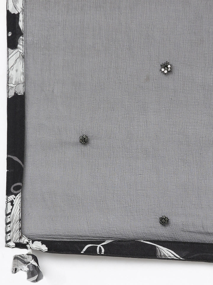 Neerus Black floral printed kurta set with trouser and dupatta - detail view 4