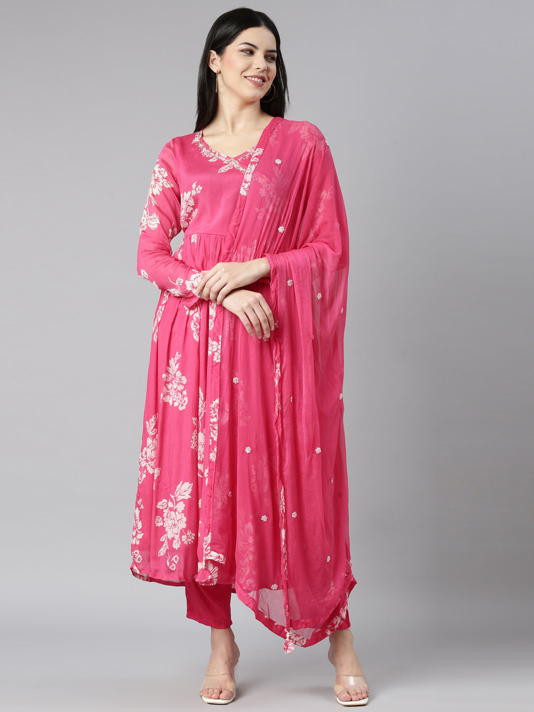 Neerus Pink floral printed flared kurta set - front view
