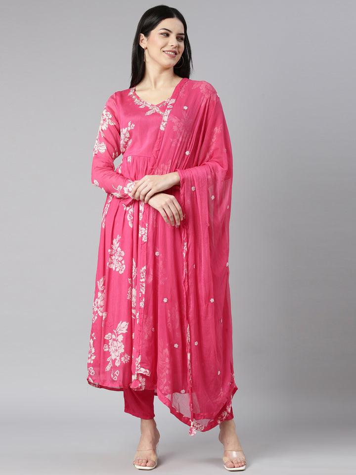 Neerus Pink floral printed flared kurta set - front view