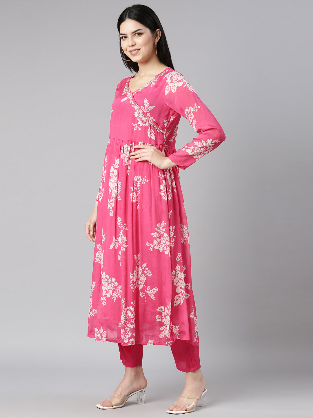 Neerus Pink floral printed flared kurta set - back view