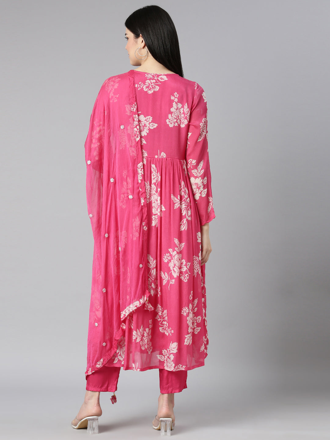 Neerus Pink floral printed flared kurta set - side view