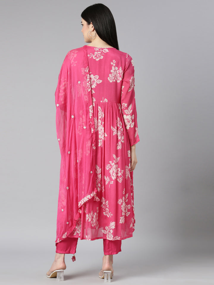 Neerus Pink floral printed flared kurta set - side view