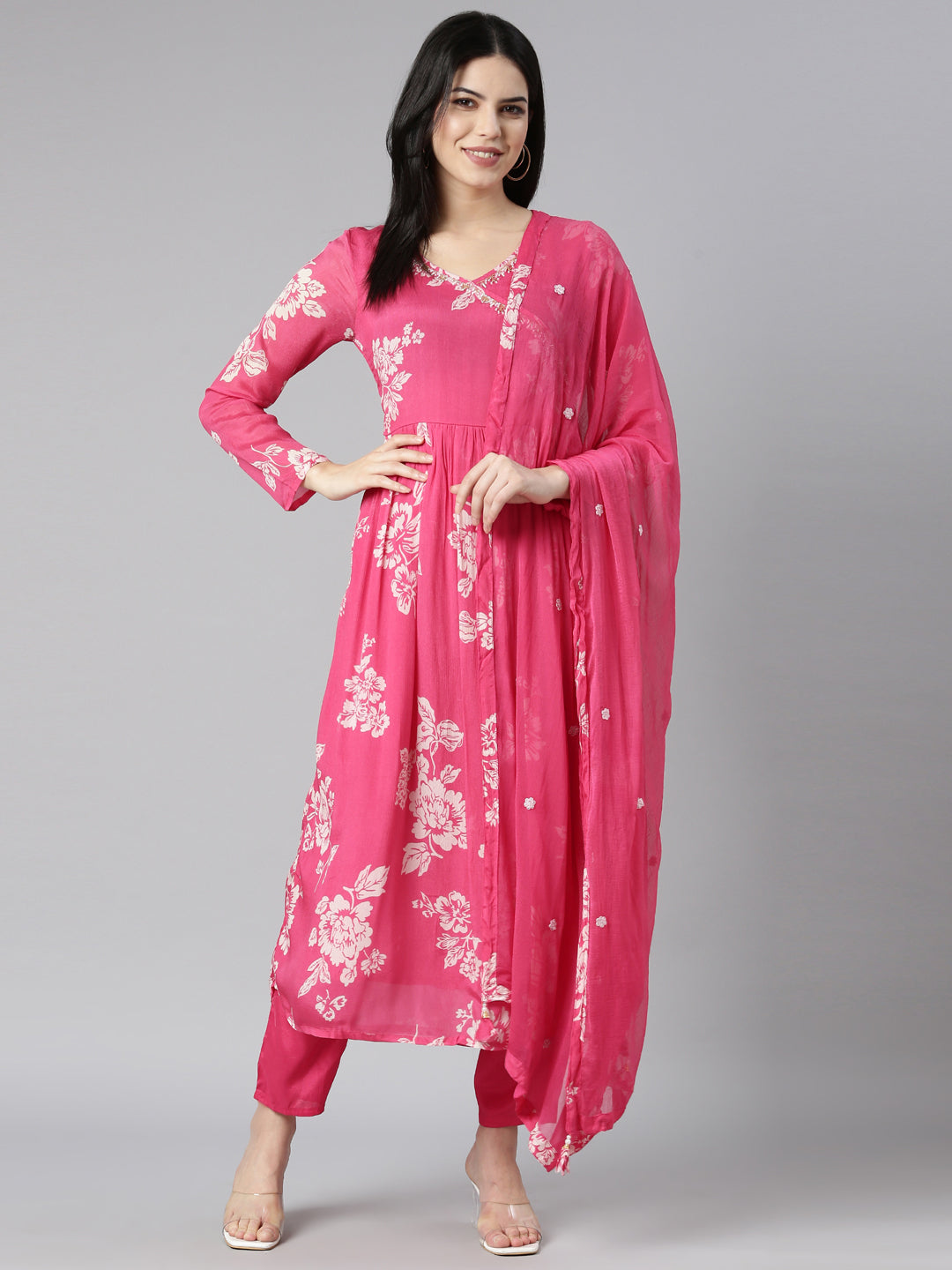 Neerus Pink Pleated Flared Floral Kurta And Trousers With Dupatta