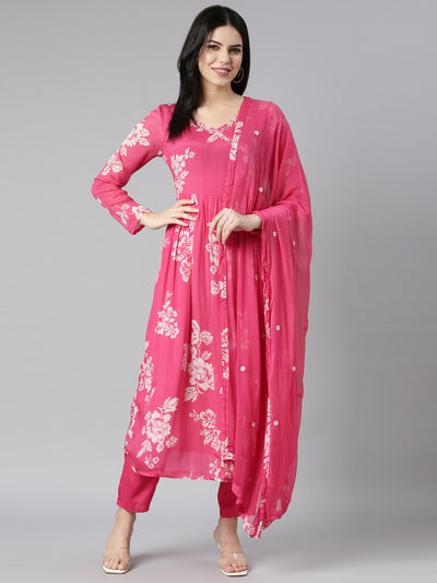 Neerus Pink Pleated Flared Floral Kurta And Trousers With Dupatta