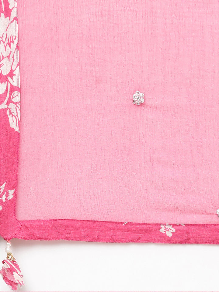 Neerus Pink floral printed flared kurta set - detail view 4