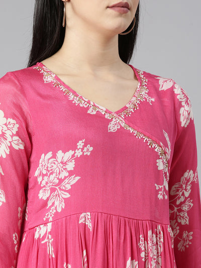 Neerus Pink Pleated Flared Floral Kurta And Trousers With Dupatta