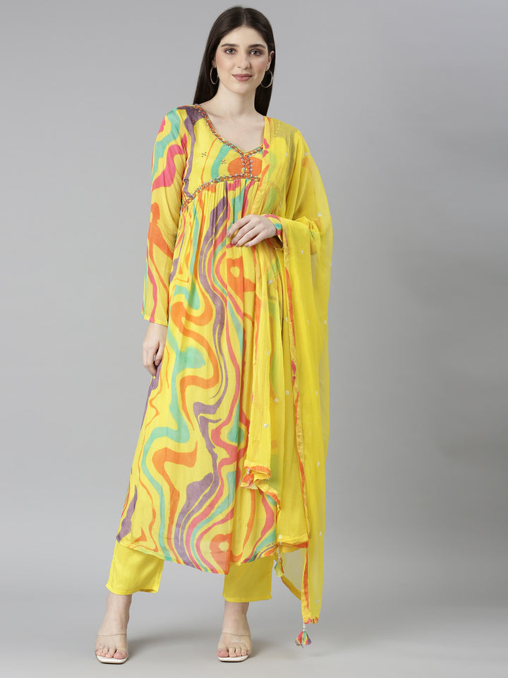 Neerus Yellow Regular Straight Chevron Kurta And Trousers With Dupatta