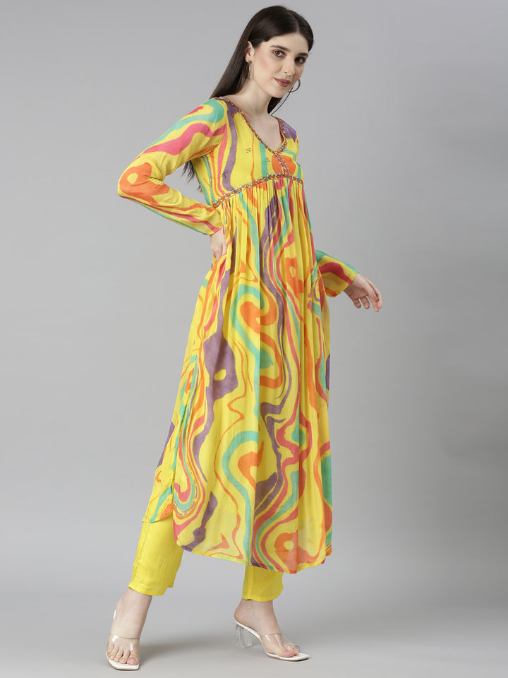 Neerus Yellow Regular Straight Chevron Kurta And Trousers With Dupatta