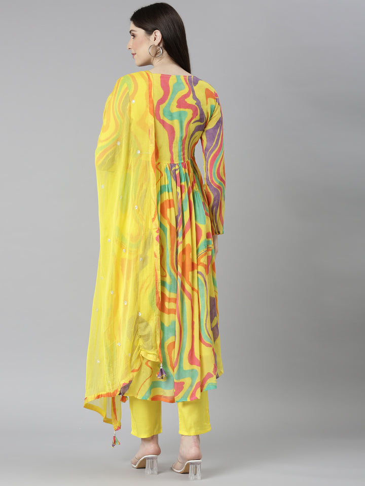 Neerus Yellow Regular Straight Chevron Kurta And Trousers With Dupatta