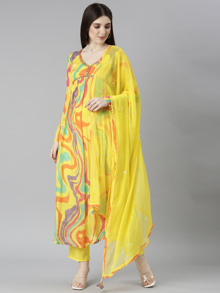 Neerus Yellow Regular Straight Chevron Kurta And Trousers With Dupatta