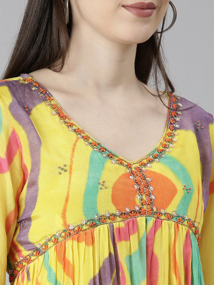 Neerus Yellow Regular Straight Chevron Kurta And Trousers With Dupatta