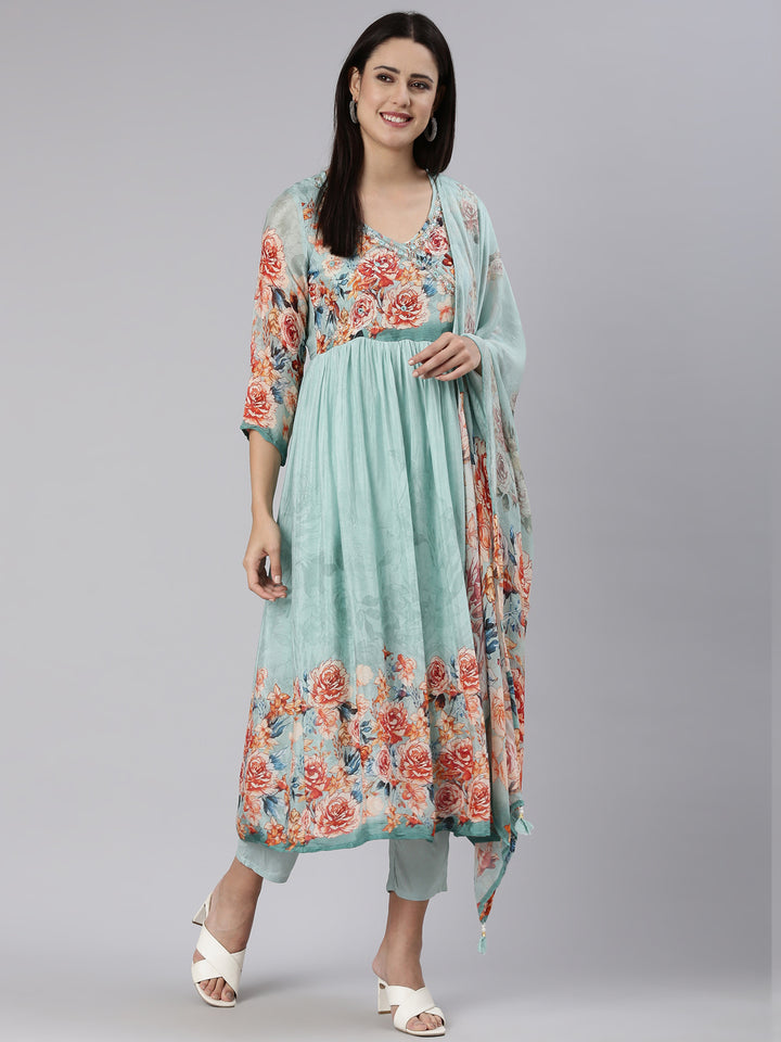 Neerus Blue Regular Straight Printed Readymade suits