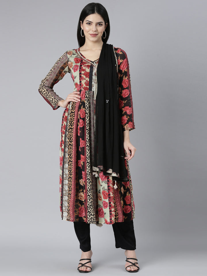 Neerus Multi crepe printed kurta set with trouser and dupatta - front view