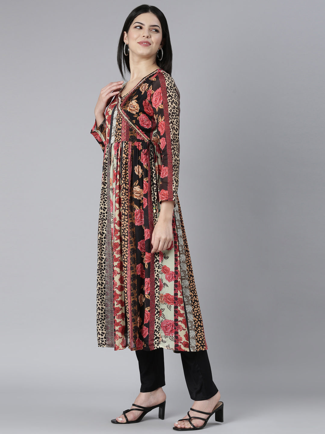 Neerus Multi crepe printed kurta set with trouser and dupatta - back view