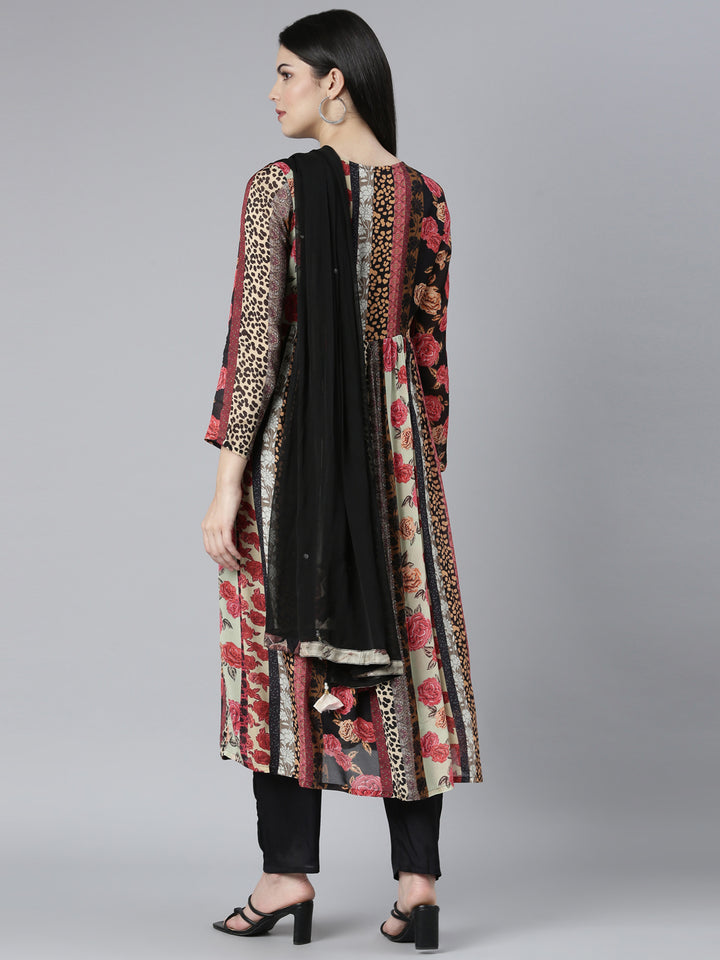 Neerus Multi crepe printed kurta set with trouser and dupatta - side view