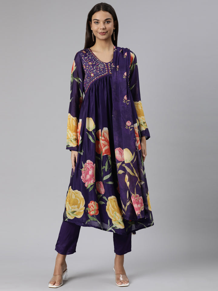 Neerus Purple chiffon printed suit set - front view