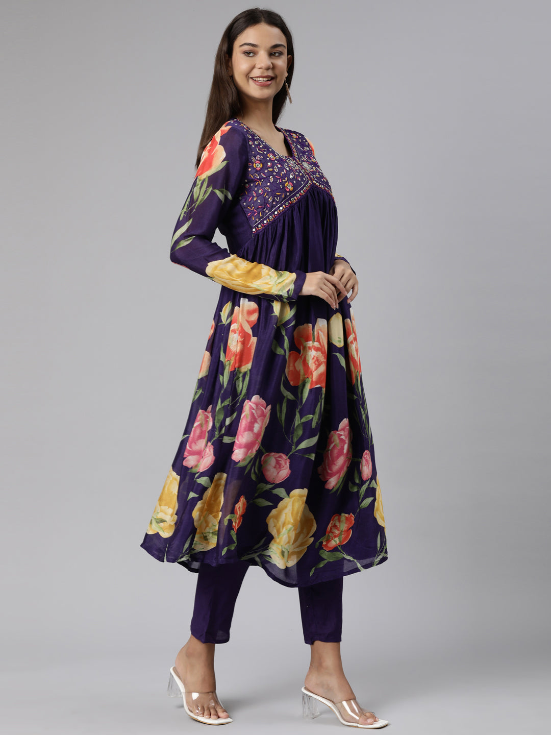 Neerus Purple chiffon printed suit set - back view