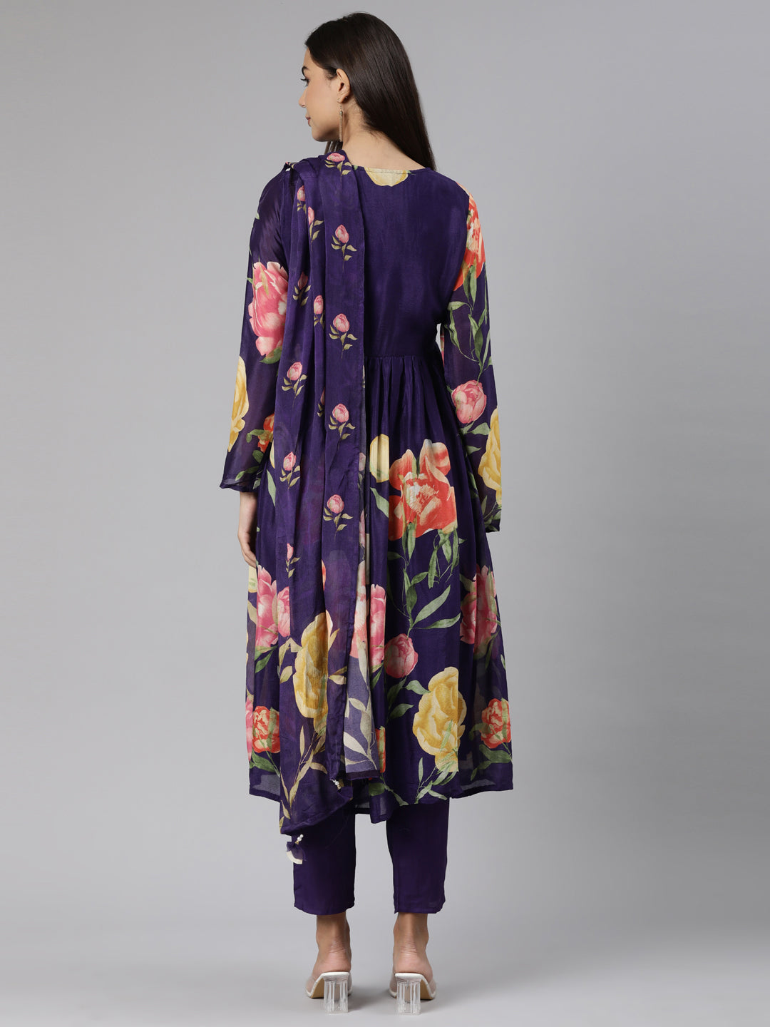 Neerus Purple chiffon printed suit set - side view