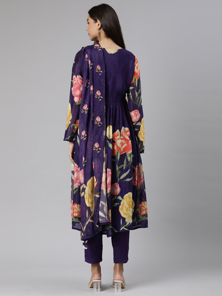 Neerus Purple chiffon printed suit set - side view